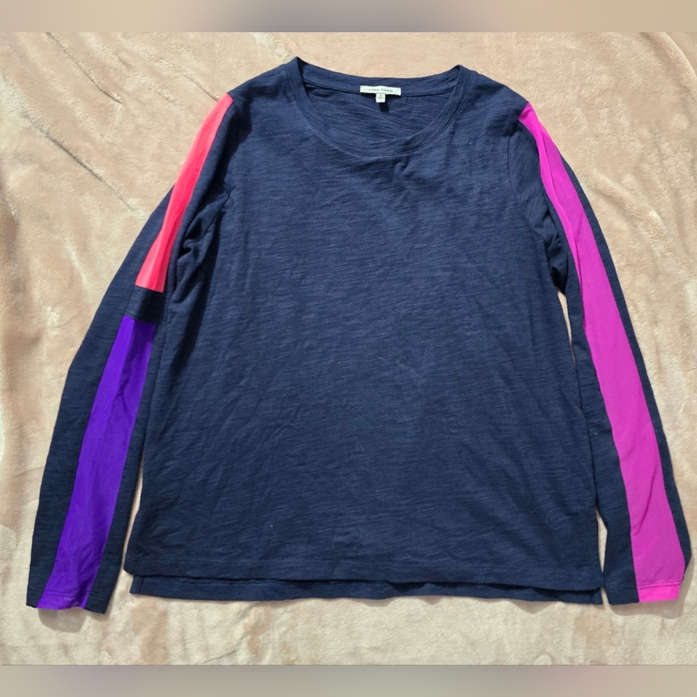 Lisa Todd Mesh On Navy Long Sleeve Cotton Top Size Small - Picture 2 of 11